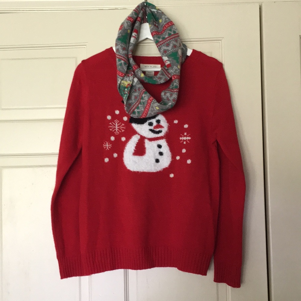 Red Snowman Christmas Sweater with Infinity Scarf